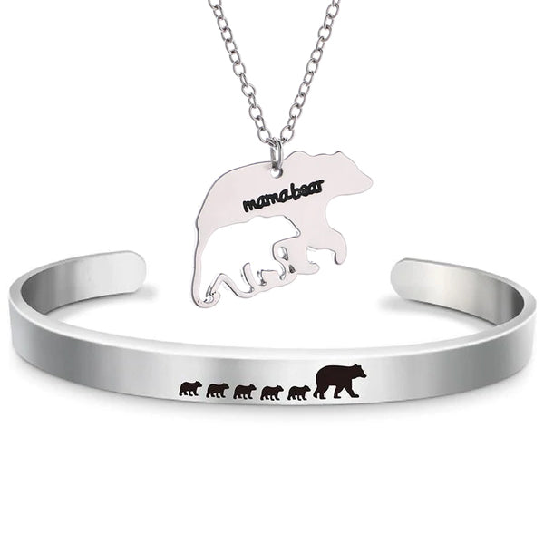 Mama Bear Cuff Bracelet And Necklace Set