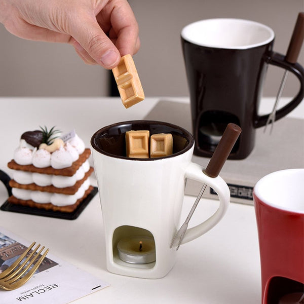 Fondue Mug Set Porcelain Chocolate Melting Cup with Fork