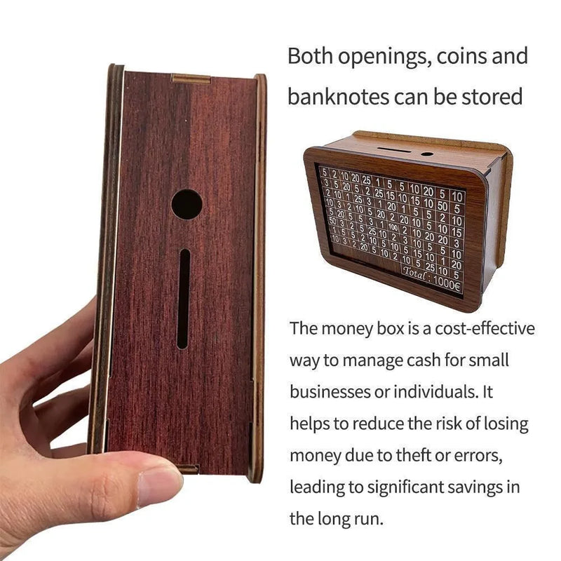 Wooden money box with engraved figures