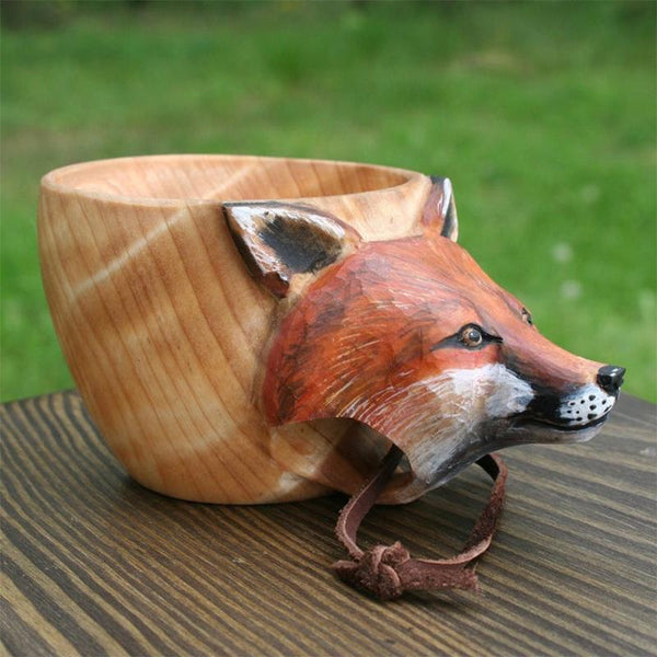 Hand Carved Animals Head Wooden Mug Cup