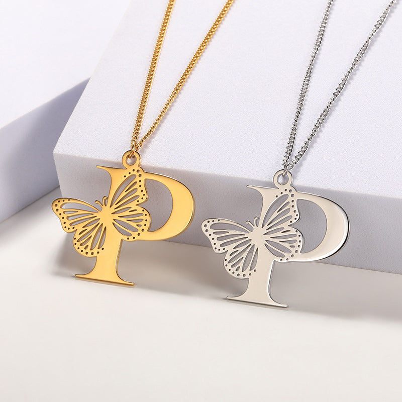 Butterfly Personalized Letter Pendant Necklace