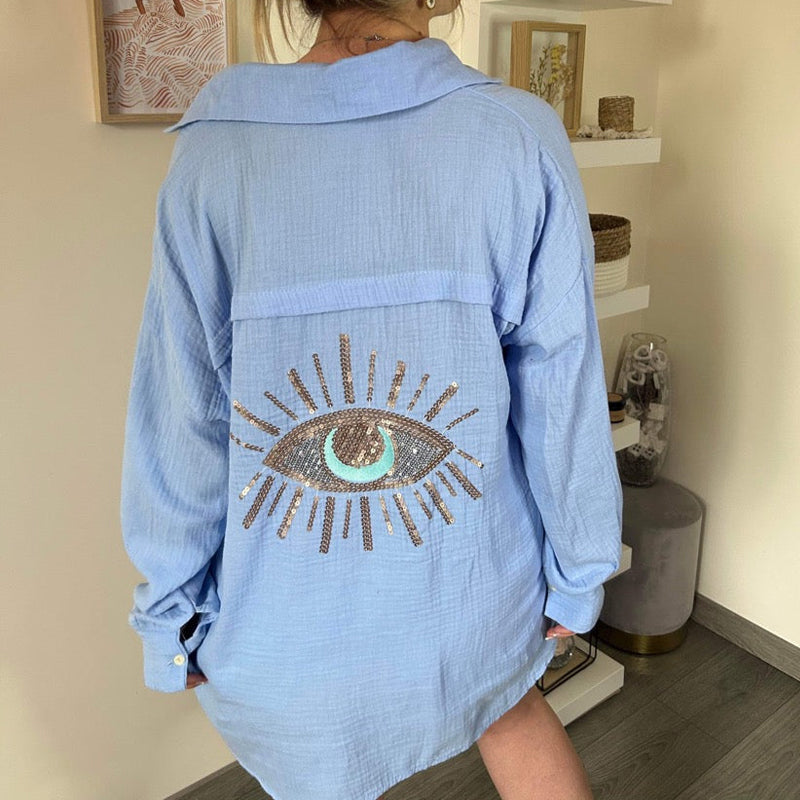 Women's Long Sleeve Oversized Shirt with Evil Eye Pattern