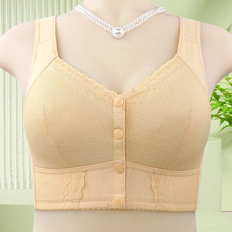 Embroidered Flower Wireless Front Closure Button Bra Large Size