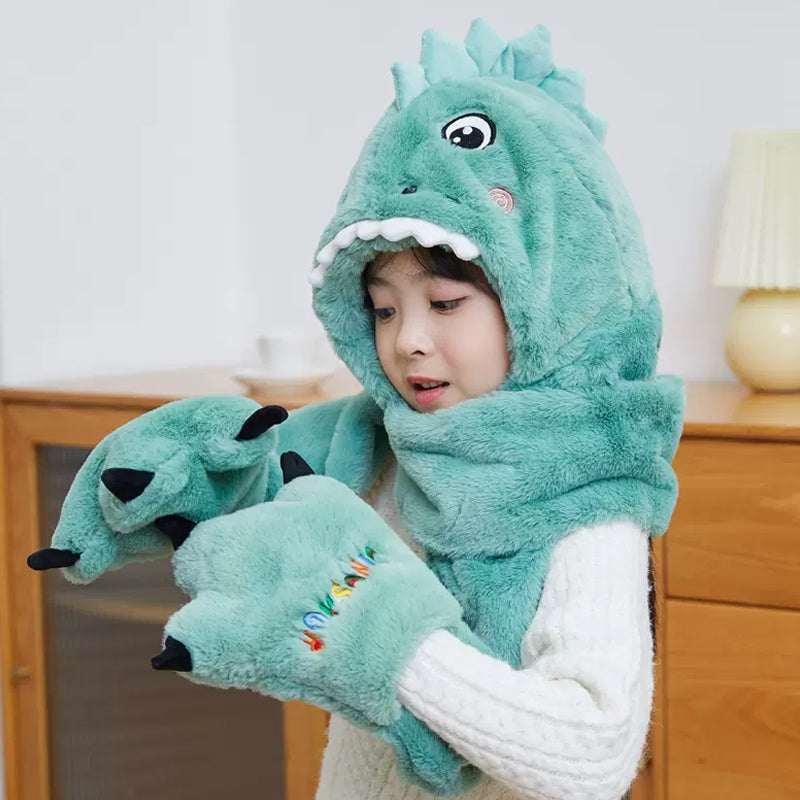 Toddler Kids Cartoon Dinosaur Fleece Plush Hat Gloves Scarf 3 in 1 Set