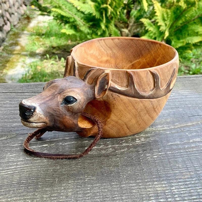 Hand Carved Animals Head Wooden Mug Cup
