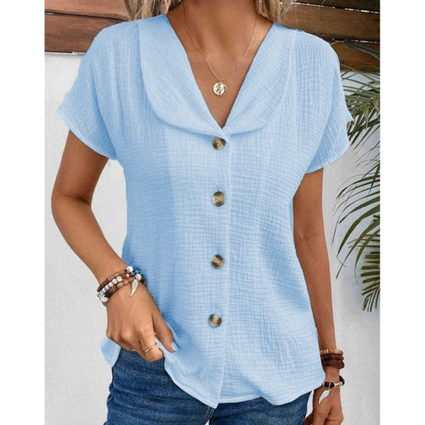 Solid Button Front V Neck Short Sleeve Textured Shirt