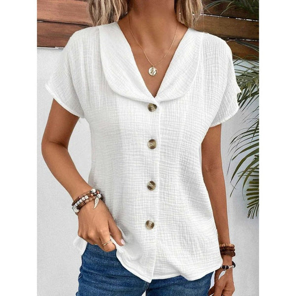 Solid Button Front V Neck Short Sleeve Textured Shirt