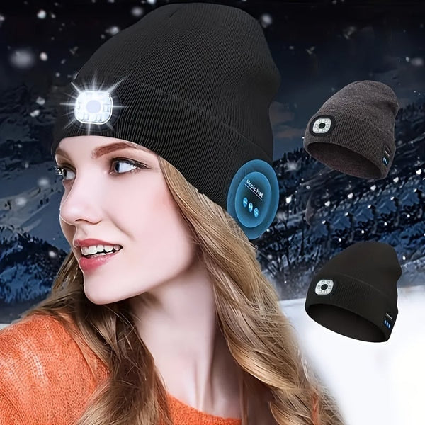 Bluetooth Beanie Hat with LED Light & Removable Speakers - Xmas Gift for her/him