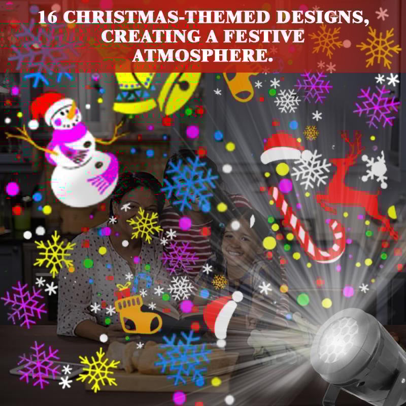 USB Powered 16 Patterns Snowflake LED Christmas Projector Lamp 360° Rotatable- Xmas Decor Atmosphere Lights