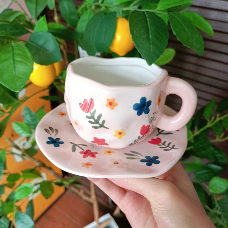 Hand Painted Creative Coffee Mug, Ceramic Tea Cup and Saucer Set