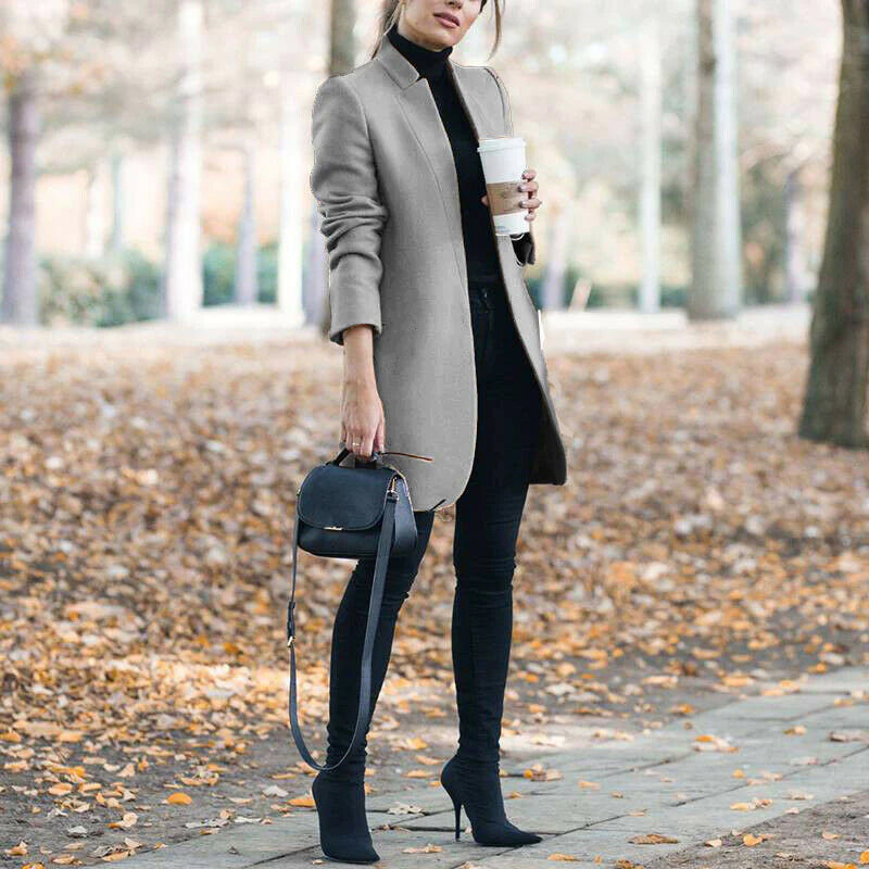 Women Fashion Solid Color Stand-collar Woolen Blazer
