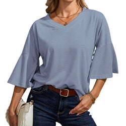 Women's Solid Color V-Neck Flare Sleeve T-Shirt