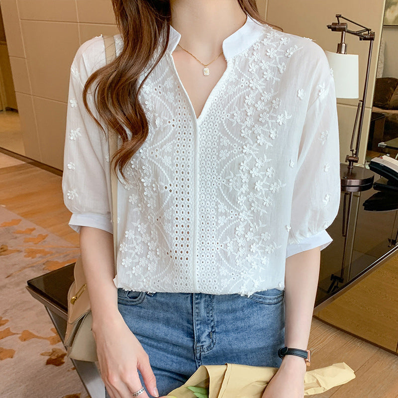 Floral Pattern Eyelet Embroidery Half Sleeve Top