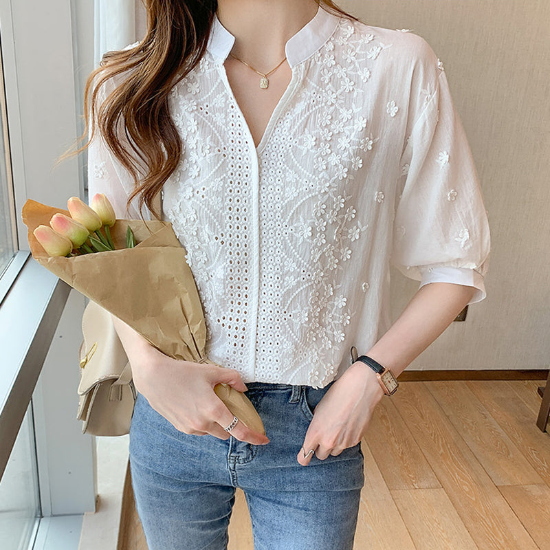 Floral Pattern Eyelet Embroidery Half Sleeve Top