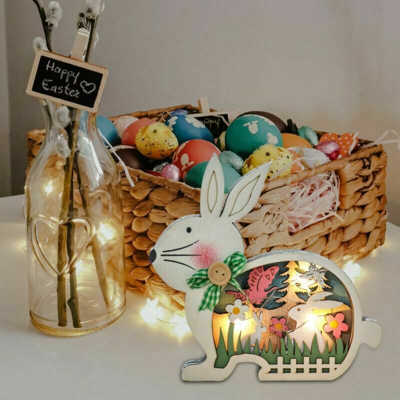 Easter Wooden Ornaments with LED Light Bunny Rabbit Tabletop Easter Decorations