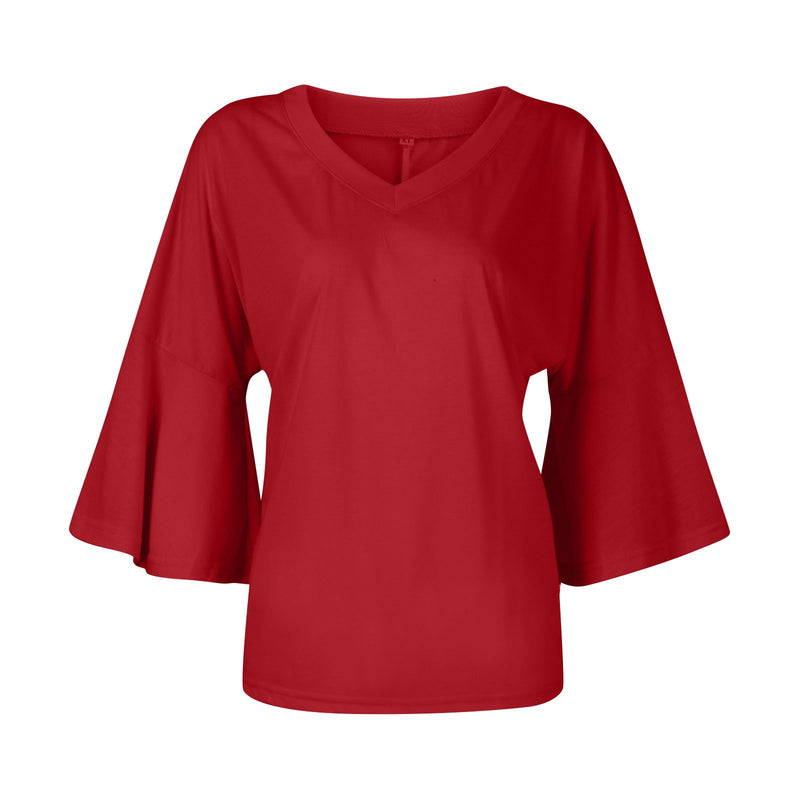 Women's Solid Color V-Neck Flare Sleeve T-Shirt