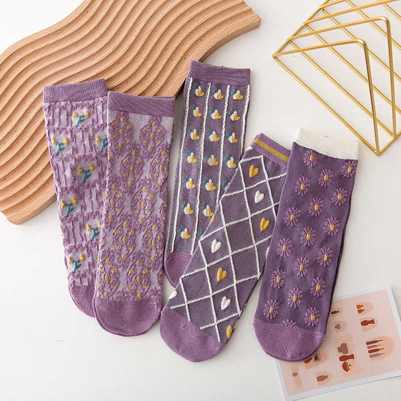 5 Pairs Women's Purple Vintage Floral Cotton Socks