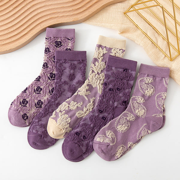 5 Pairs Women's Purple Vintage Floral Cotton Socks
