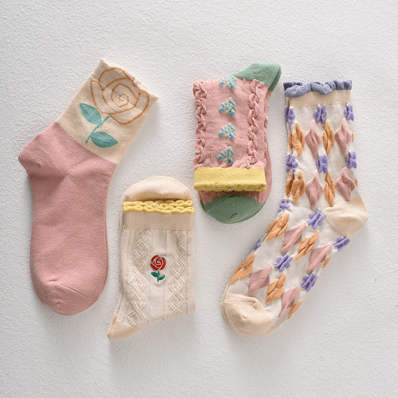 10 Pairs Women's Pink Floral Cotton Socks