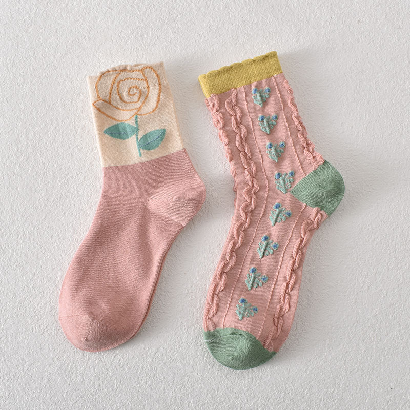 10 Pairs Women's Pink Floral Cotton Socks