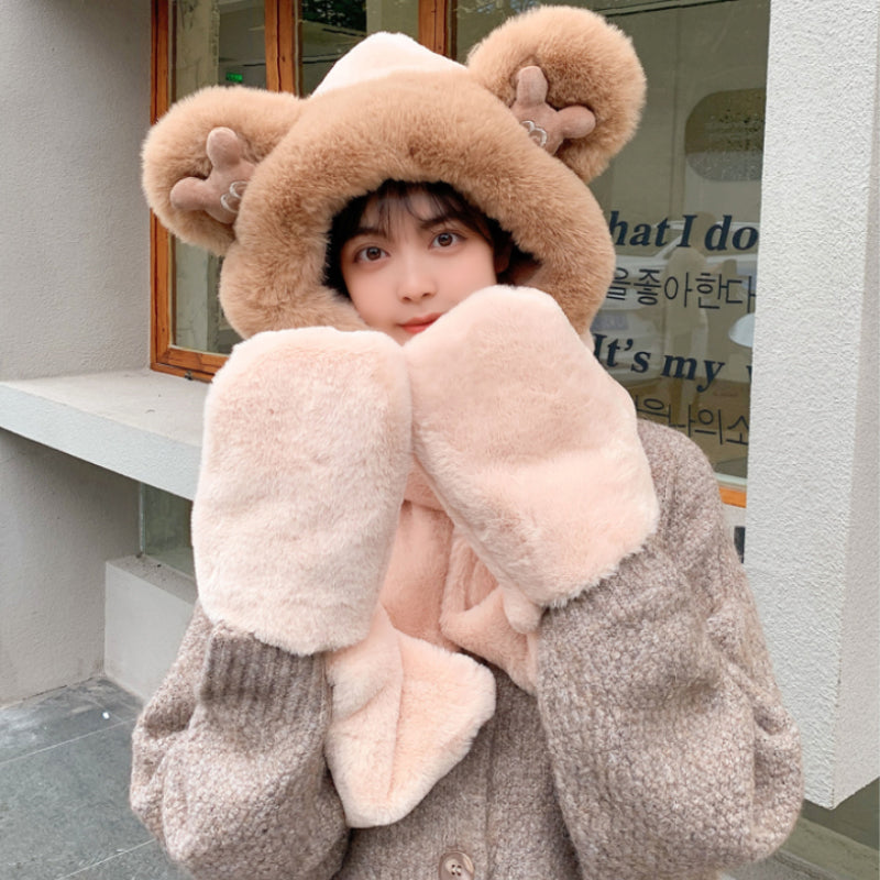 Warm Bear Hoodie Hat/Scarf/Gloves Set for Women