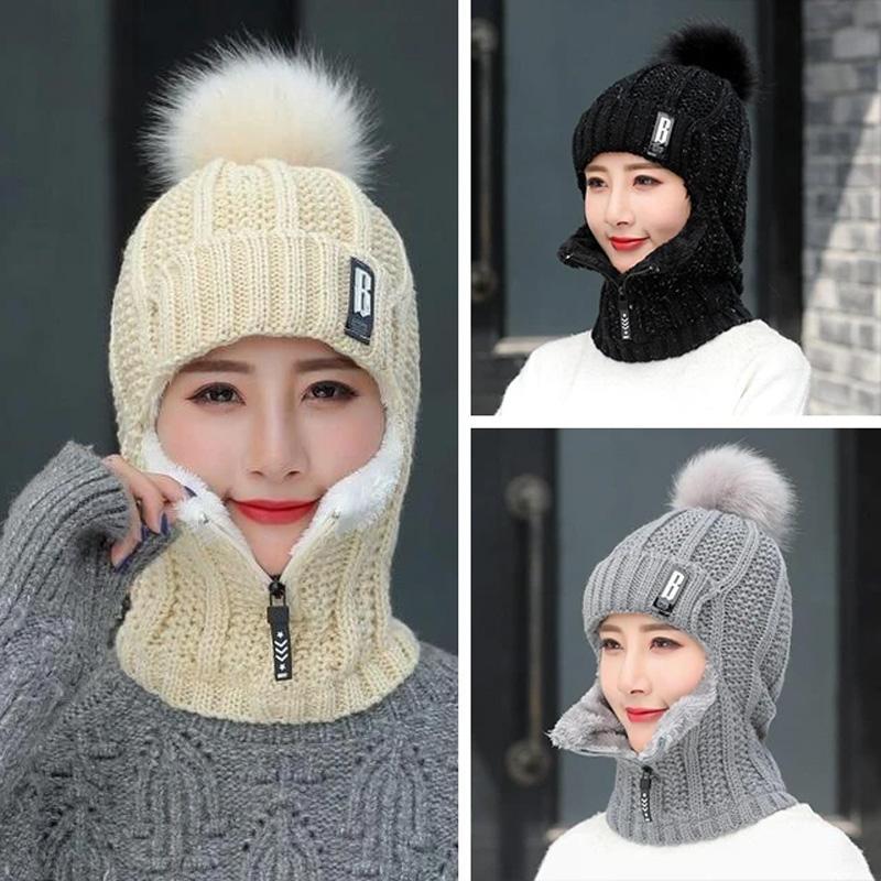 Women Windproof Winter Outdoor Knit Thick Siamese Hat Scarf Set