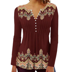 Ladies Casual Floral Print V-Neck T-Shirt Tunic Long Sleeve Top