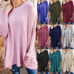 Round Neck Long Sleeve Loose Pocket Solid T-Shirt for Women