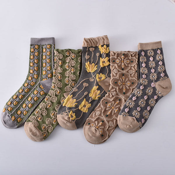 10 Pairs Women's Embossed Floral Cotton Socks