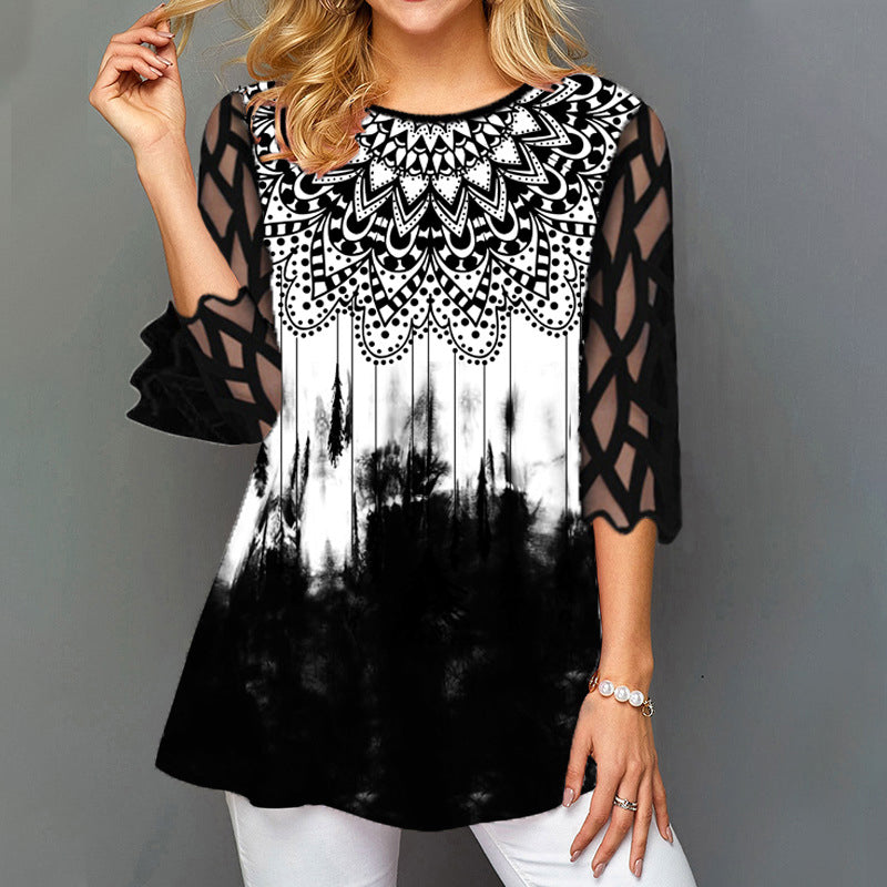 Plus Size Women's Mesh 3/4 Sleeve T-Shirt Round Neck Casual Loose Blouse