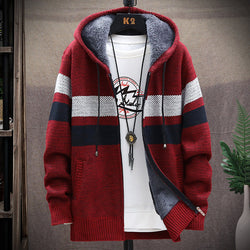 Winter Men's Striped Sweater Coat Thick Fleece Warm Hooded Cardigan