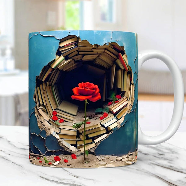 3D Floral Bookshelf Cracked Hole Coffee Mug