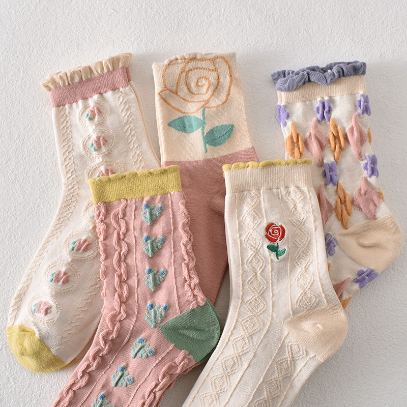 Women's Pink Floral Cotton Socks(5 pairs)