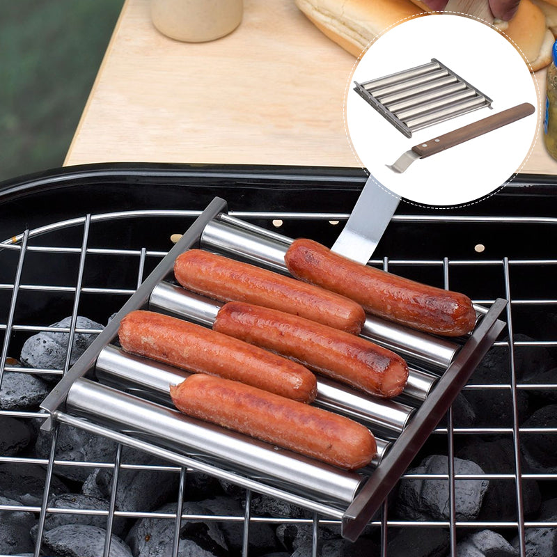 BBQ Hot Dog Roller Stainless Steel Sausage Griller with Wooden Handle