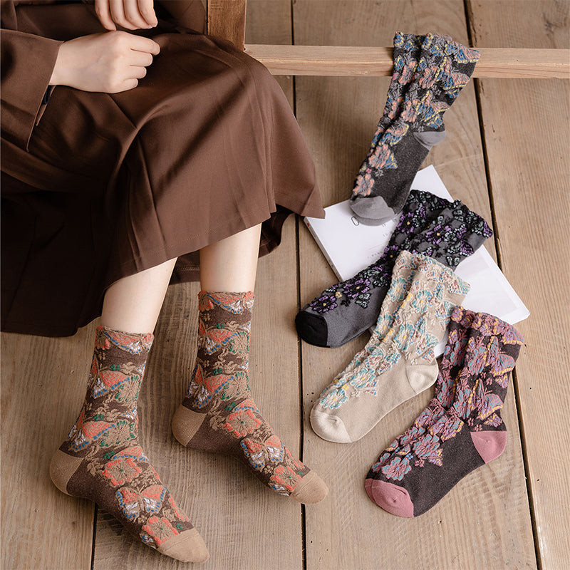 5 Pairs Women's Vintage Embossed Floral Mid-calf Socks