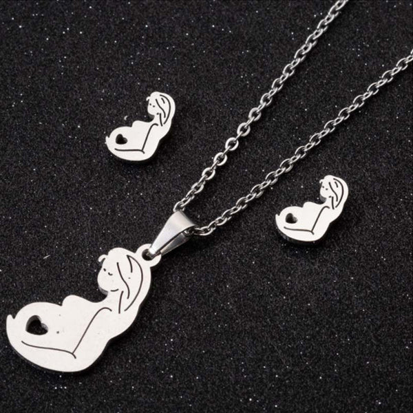 Stainless Steel Mummy-to-be Jewelry Set Necklace & Earrings Gift for New Mum