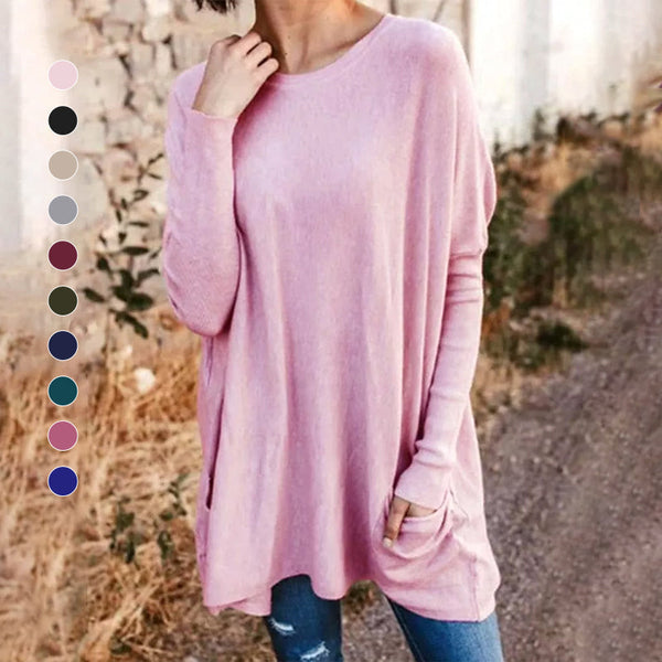 Round Neck Long Sleeve Loose Pocket Solid T-Shirt for Women