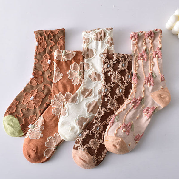 10 Pairs Women's Elegant Embossed Floral Cotton Socks