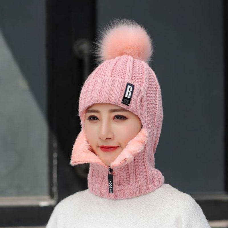 Women Windproof Winter Outdoor Knit Thick Siamese Hat Scarf Set