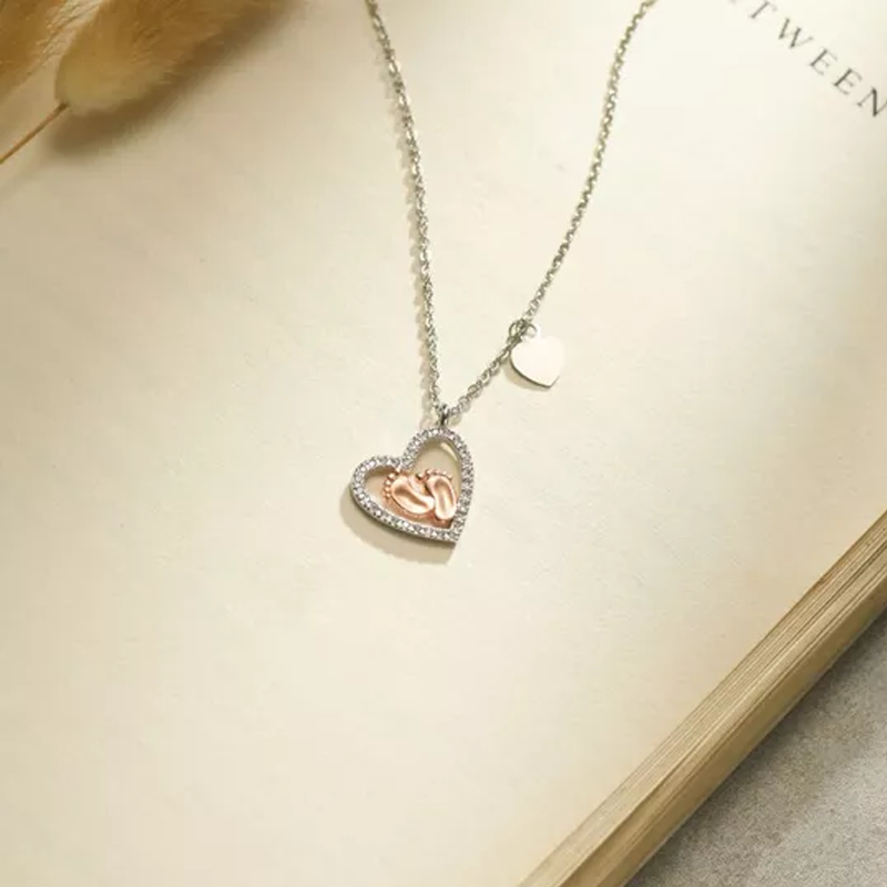 Gift To Mommy - Baby Feet Heart Pendant S925 Sterling Silver Necklace