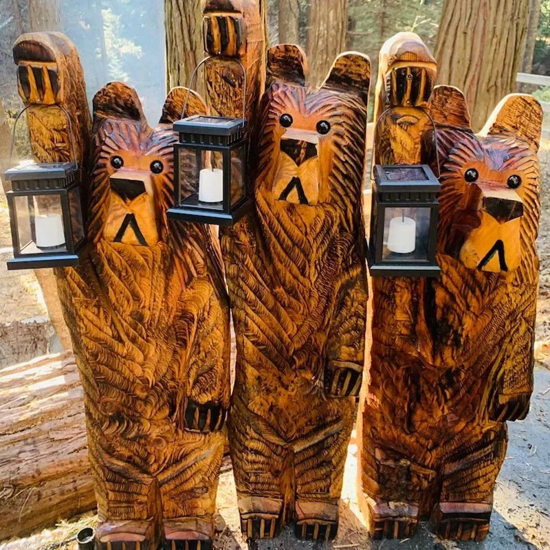 Cedar Carved Bear with Lantern