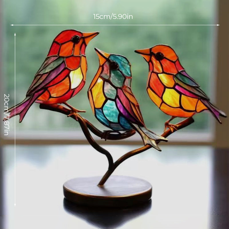 Birds on Branches Stained Acrylic Ornaments, Double Sided Multicolor Style