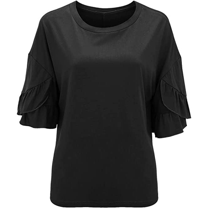 Women's Ruffled Half Sleeve Top Solid Color Crew Neck T-shirt