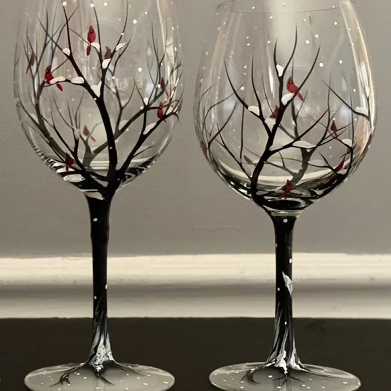 Four Seasons Tree Wine Glasses - Hand Painted Art