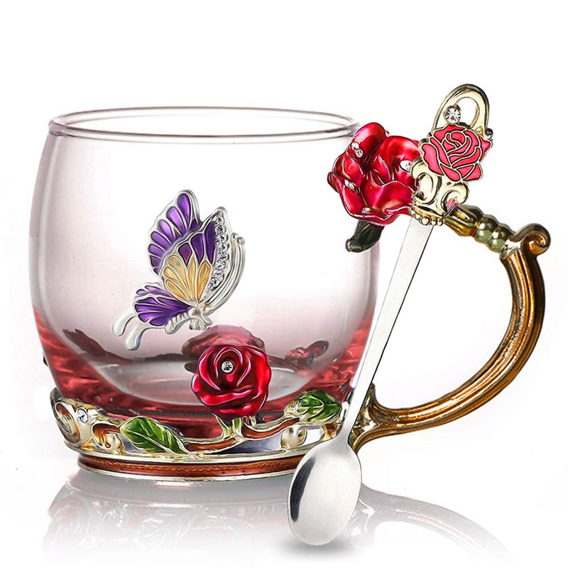 Enamel Rose Glass Tea Cup Set (With Spoon)