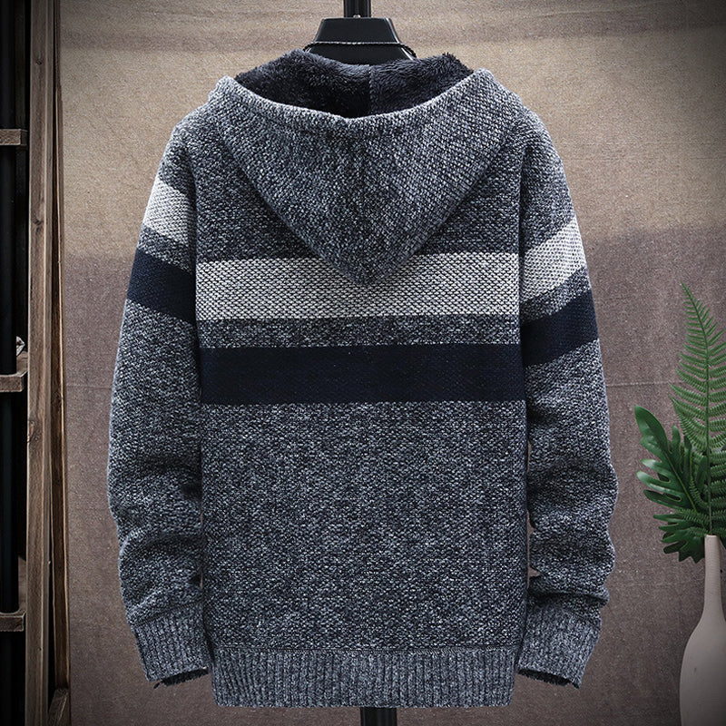 Winter Men's Striped Sweater Coat Thick Fleece Warm Hooded Cardigan