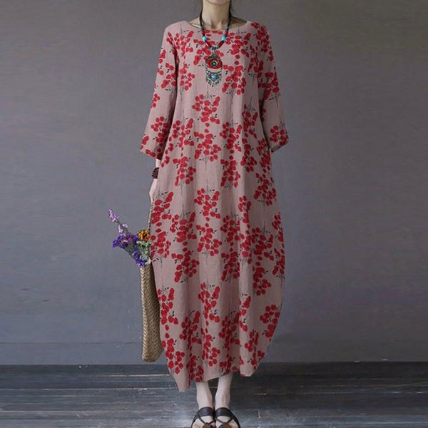 Women’s Loose Retro Round Neck Print Dress with Three-Quarter Sleeve