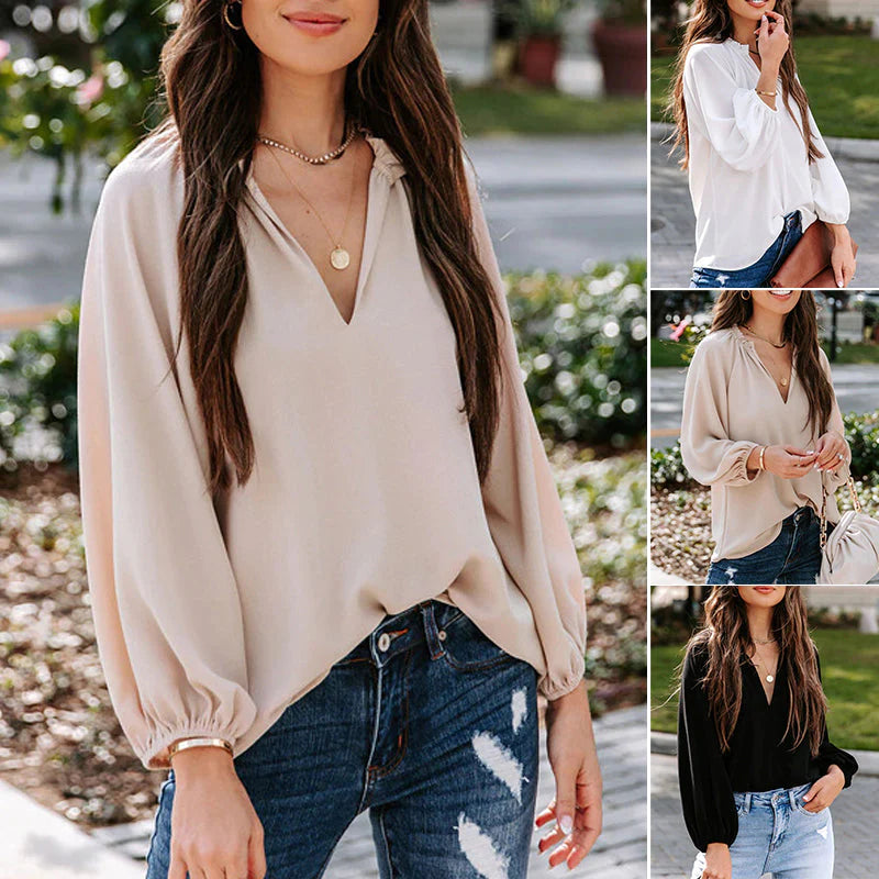 Ladies Comfy Casual V-neck Ruffle Collar Loose Blouse
