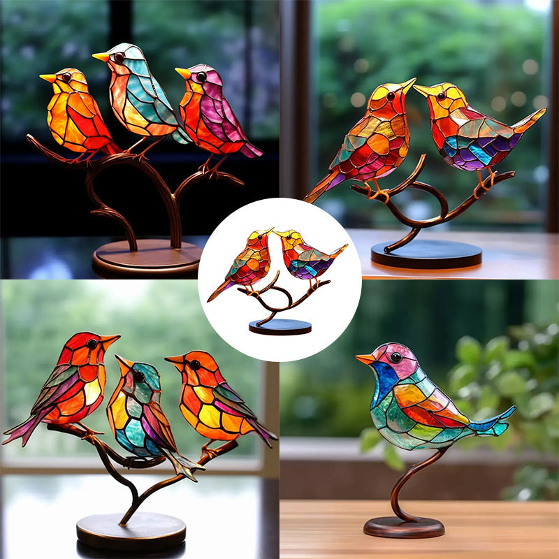 Birds on Branches Stained Acrylic Ornaments, Double Sided Multicolor Style