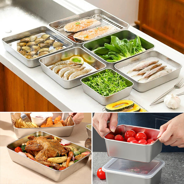304 Stainless Steel Square Plate with Lid Food Storage Container for Kitchen